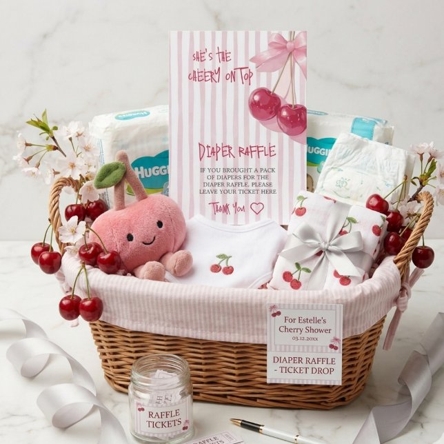 Cherry Pink Red Bow Diaper raffle Baby Shower Enclosure Card (Creator Uploaded)