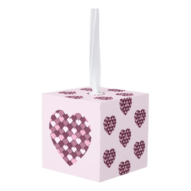 Cherry Pink Square and Diamond heart Cube Ornament (Back Angled)