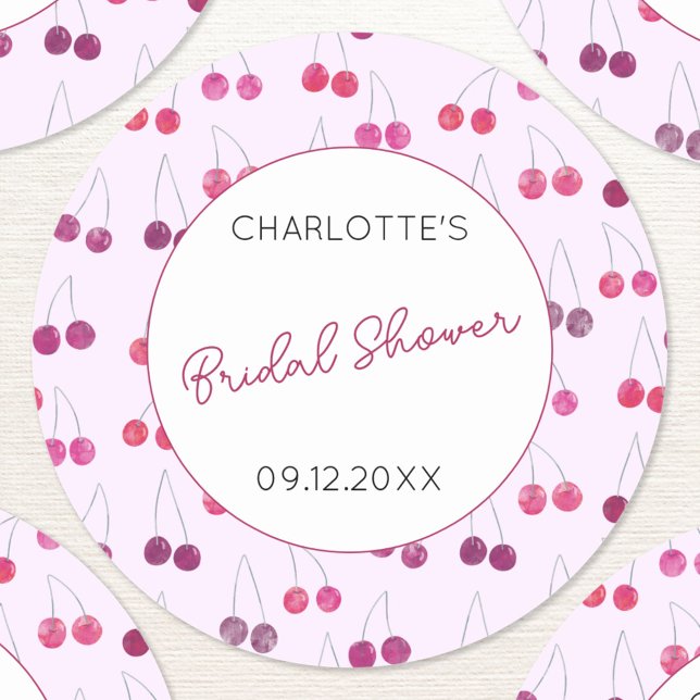 Cherry Pink Watercolor Bridal Shower Personalized Classic Round Sticker (Personalized custom text date name bridal shower watercolor cherry pink stickers)