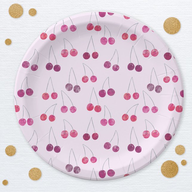 Cherry Pink Watercolor Paper Plates (Watercolor cherry pink pattern party paper plate)