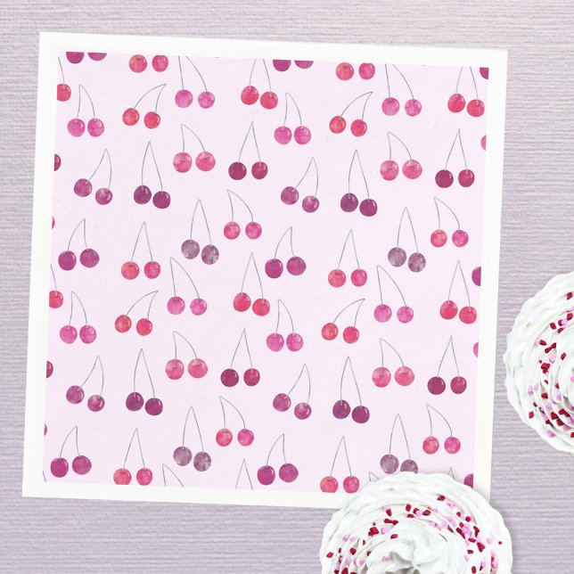 Cherry Pink Watercolor Party  Napkins (Pretty pink watercolor cherry pattern party paper napkin)