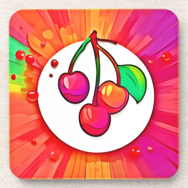 Cherry Pop Art Burst Beverage Coaster (Front)