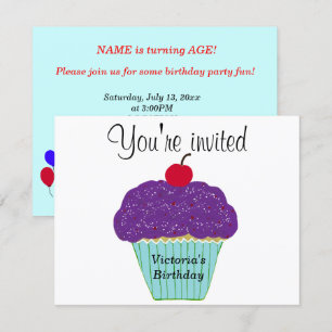Cherry Purple Frosting Vanilla Cupcake Any AGE Invitation