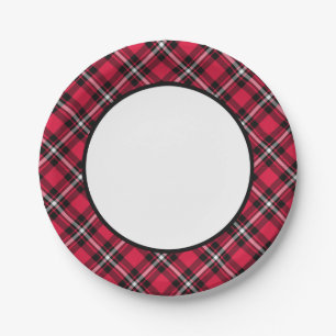 Cherry Red and Black Plaid Border Paper Plates