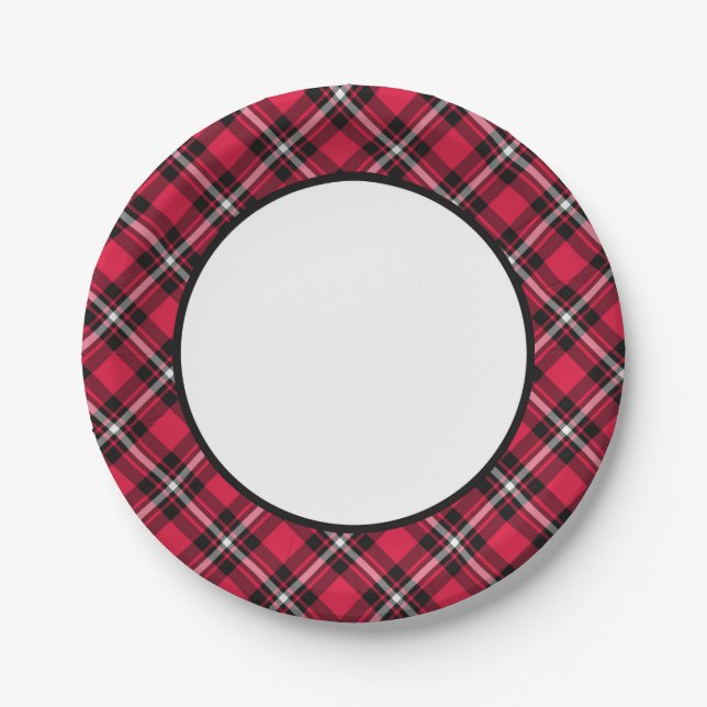 Cherry Red and Black Plaid Border Paper Plates (Front)