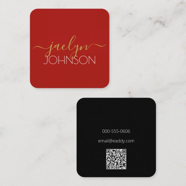 Cherry Red Black Gold Personalized Name Minimalist Square Business Card (Front/Back)
