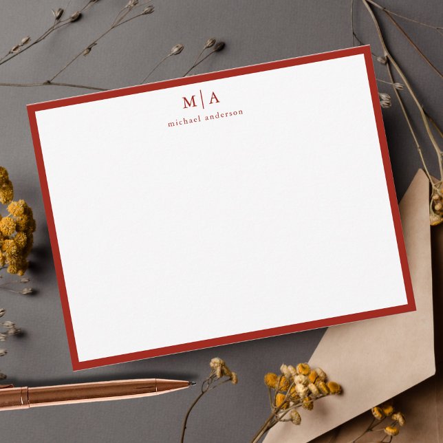 Cherry Red Border Monogram Correspondence Card (Creator Uploaded)