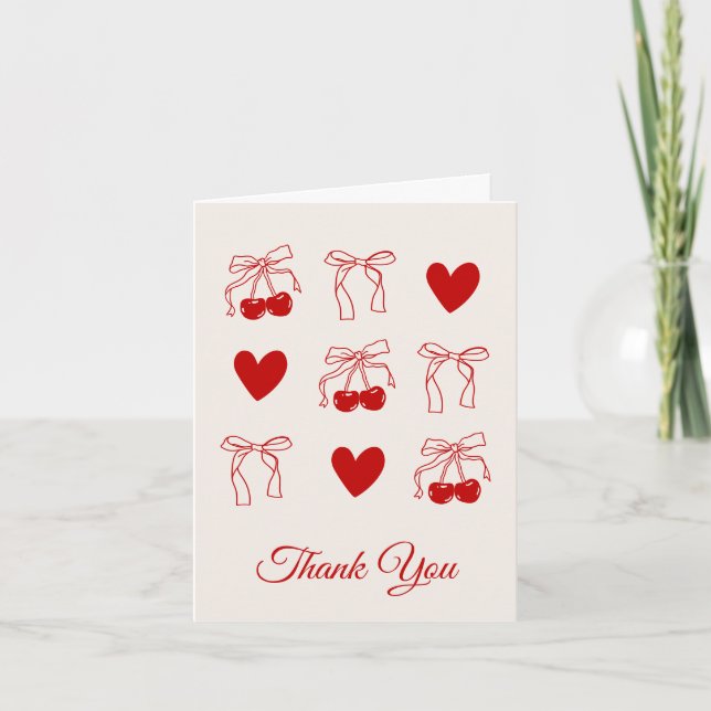 Cherry Red Bow & Hearts Thank You Cards (Front)