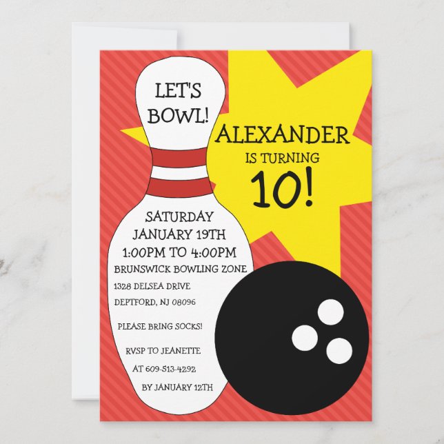 Cherry Red Bowling Bash Bowling Birthday Party Invitation (Front)