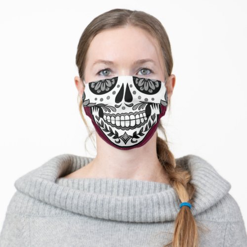 Cherry Red Burgundy Whimsical Sugar Skull Adult Cloth Face Mask