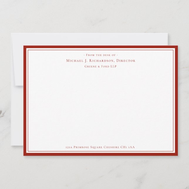 Cherry Red Business Monogram From The Desk of   No Note Card (Front)