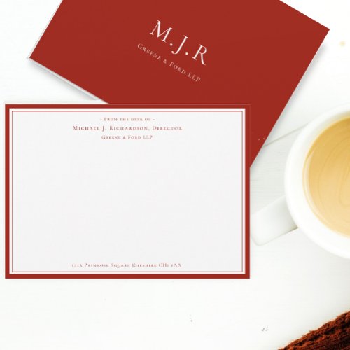 Cherry Red Business Monogram From The Desk of   Note Card