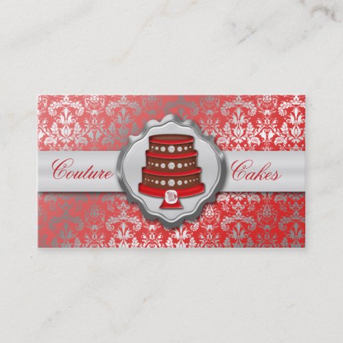 Cherry Red Cake Couture Glitzy Damask Cake Bakery Business Card