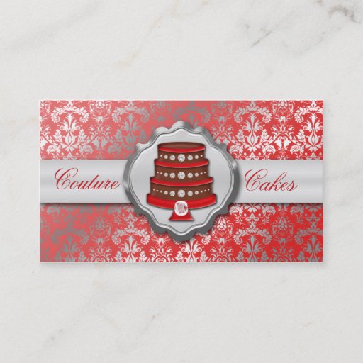 Customizable Cherry Red Cake Couture Glitzy Damask Cake Bakery Business Card