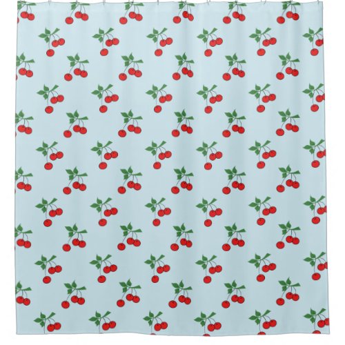 Cherry Red Cherries Light Blue Background Shower Curtain