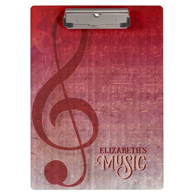 Cherry Red Clef Music Sheet Personalized Clipboard (Front)