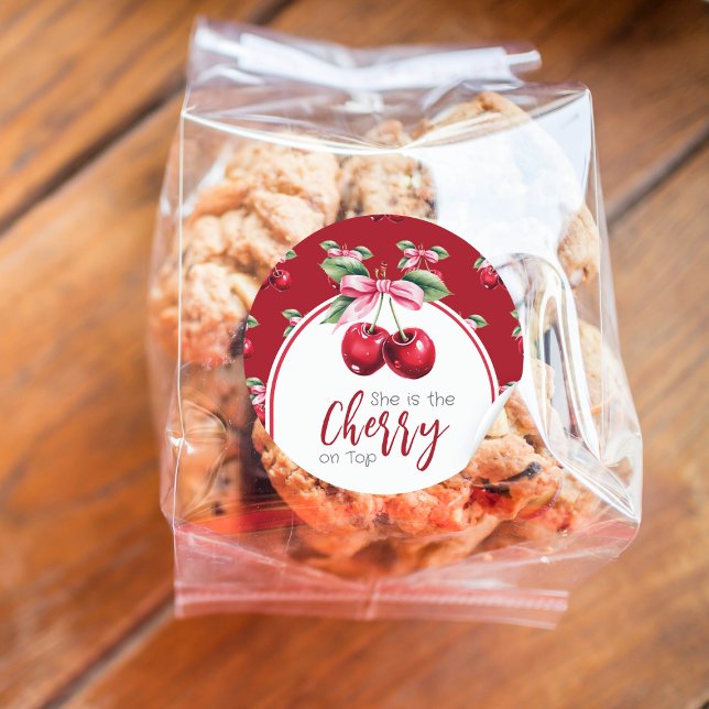 Cherry Red Coquette Bow Girl Baby Shower Classic Round Sticker (Creator Uploaded)