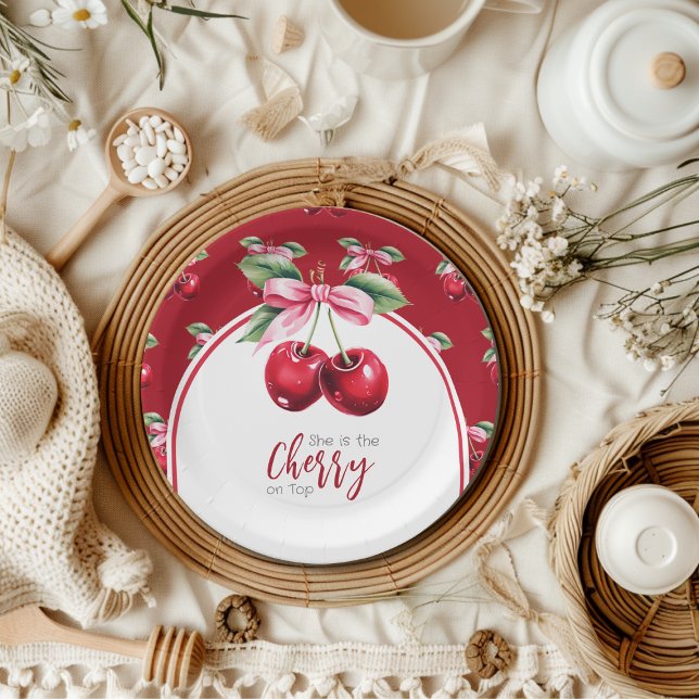 Cherry Red Coquette Bow Girl Baby Shower Paper Plates (Creator Uploaded)