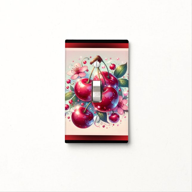 Cherry Red Cute Cherries Floral Girly Pink Light Switch Cover (In Situ)