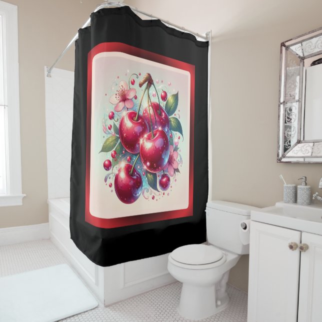Cherry Red Cute Cherries Floral Girly Pink  Shower Curtain (In Situ)