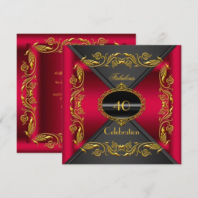Cherry Red Elegant Black Gold Fabulous 40th Party Invitation (Front/Back)