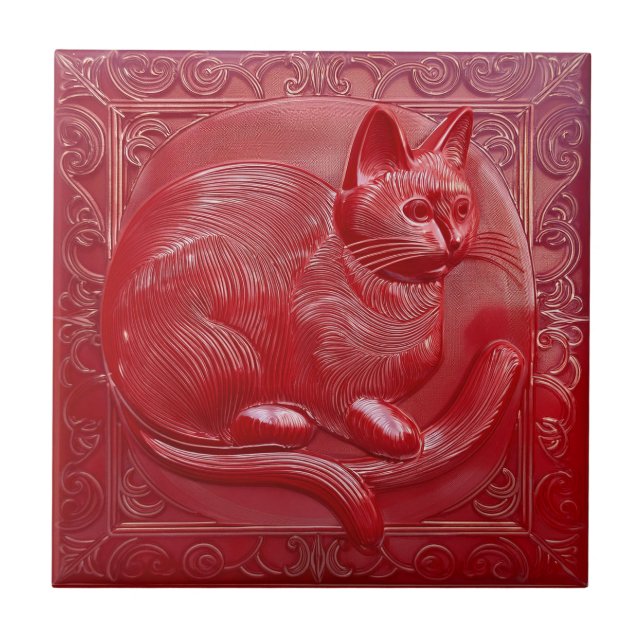 Cherry red faux relief Art Nouveau Cat Ceramic Tile (Front)