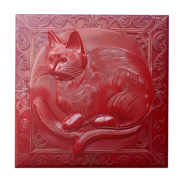 Cherry red faux relief Art Nouveau Cat Ceramic Tile (Front)