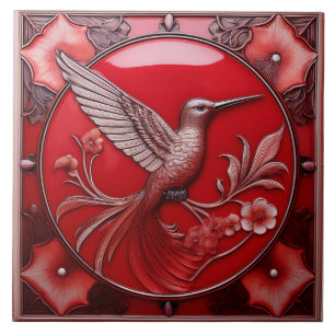 Cherry red faux relief Art Nouveau Hummingbird R Ceramic Tile