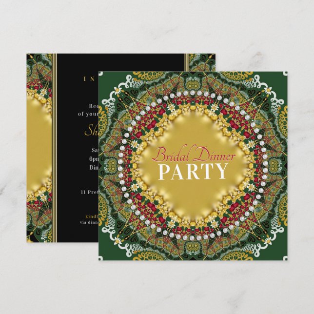 Cherry Red Fractal Lace Satin Dinner Party Invitation (Front/Back)