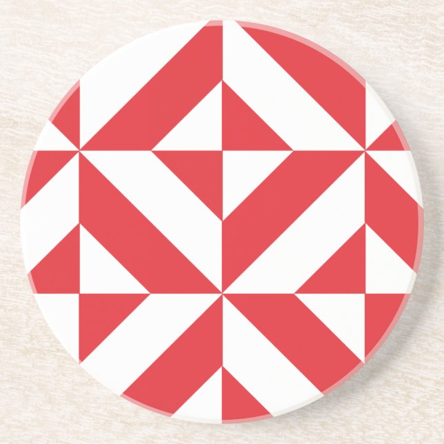 Cherry Red Geometric Deco Cube Pattern Drink Coaster (Front)