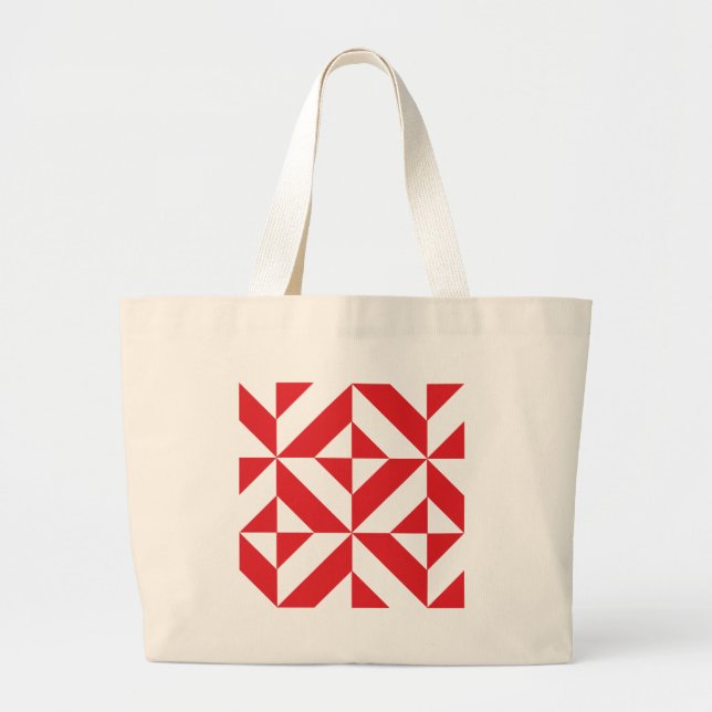 Cherry Red Geometric Deco Cube Pattern Large Tote Bag (Front)