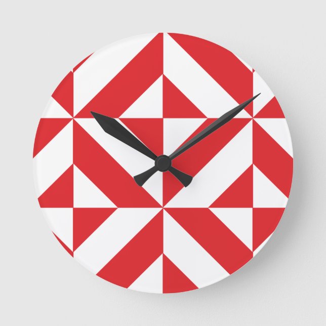 Cherry Red Geometric Deco Cube Pattern Round Clock (Front)