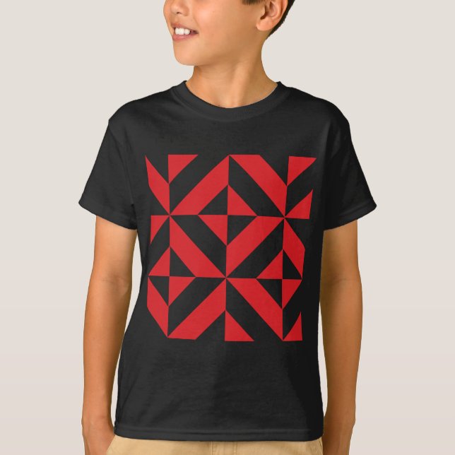 Cherry Red Geometric Deco Cube Pattern T-Shirt (Front)