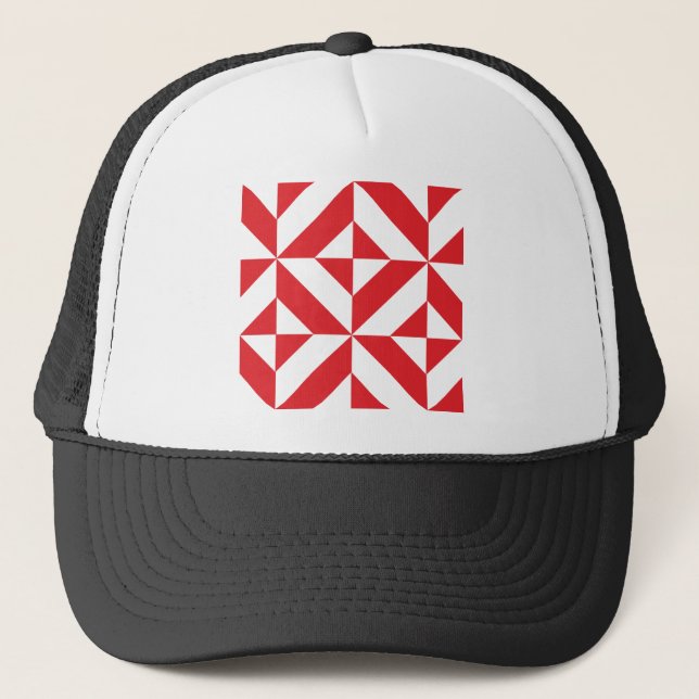Cherry Red Geometric Deco Cube Pattern Trucker Hat (Front)