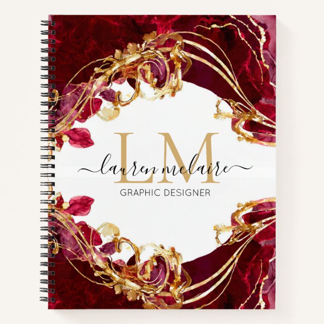 Cherry Red & Gold Monogram Name Script Notebook (Front)
