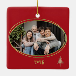 Cherry Red Green Pink & Gold Christmas Trees Ceramic Ornament