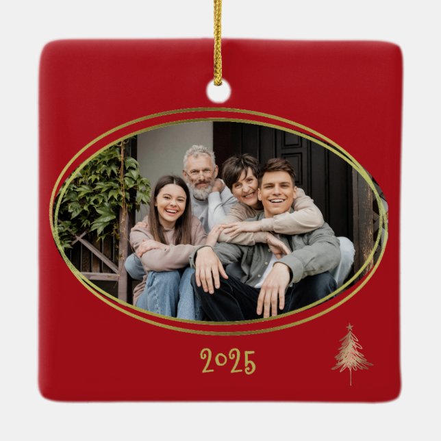 Cherry Red Green Pink & Gold Christmas Trees  Ceramic Ornament (Back)