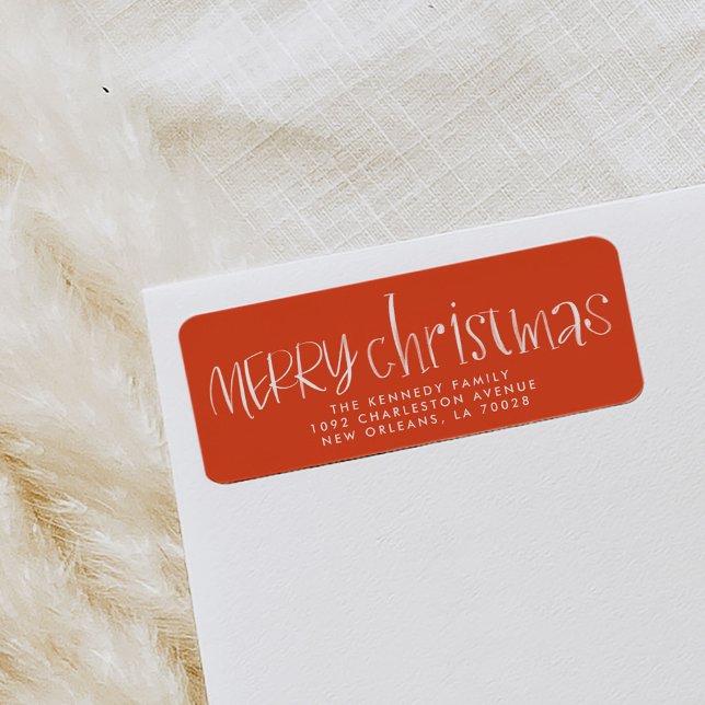 Cherry Red Hand Lettered Merry Christmas Address Label (Red hand lettered red and white festive Christmas return address labels.)