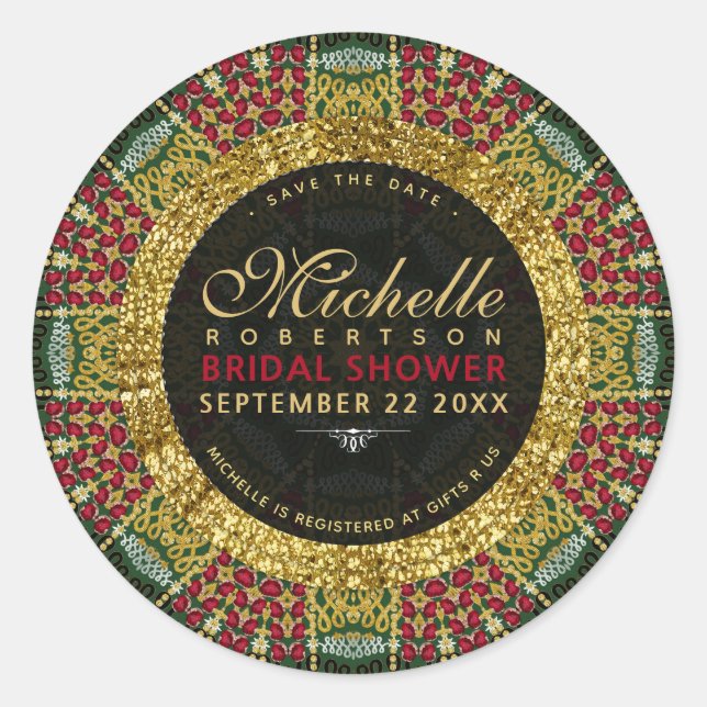 Cherry Red Jewel Gold Mandala Stickers Labels (Front)