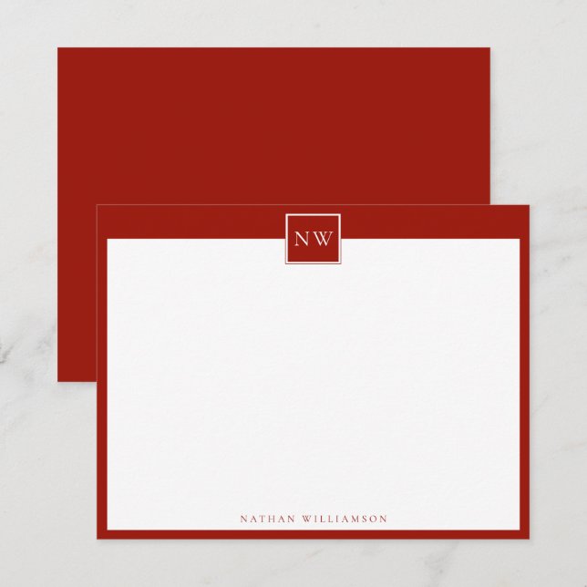 Cherry Red Monogram Single Broad Border Note Card (Front/Back)