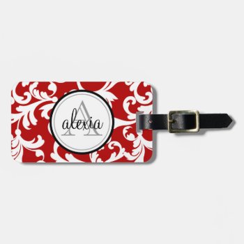 Cherry Red Monogrammed Damask Print Luggage Tag by Letsrendevoo at Zazzle