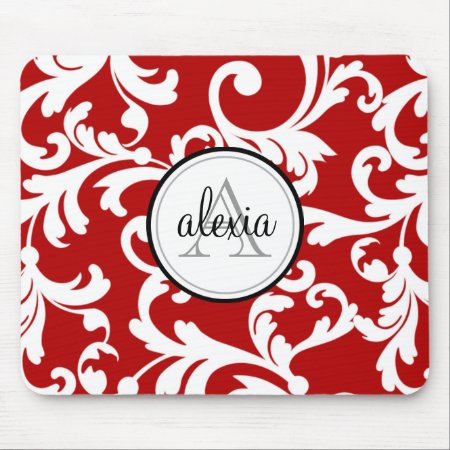 Cherry Red Monogrammed Damask Print Mouse Pad