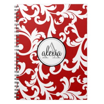 Cherry Red Monogrammed Damask Print Notebook by Letsrendevoo at Zazzle