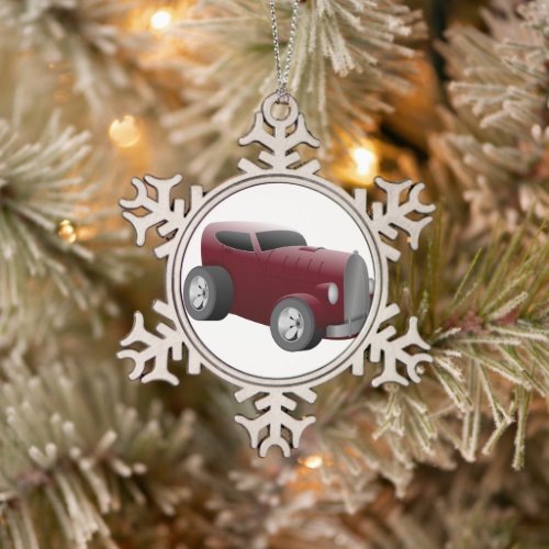 cherry red old hot rod muscle car snowflake pewter christmas ornament