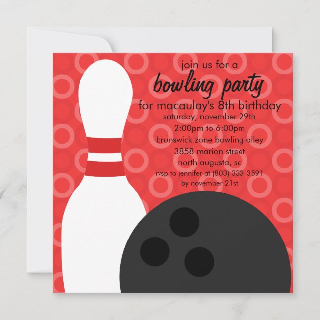 Cherry Red Pin Pals Bowling Birthday Party Invitation (Front)