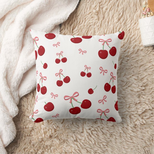 Cherry Red Ribbon Seamless Pattern Cute Fruit Desi Throw Pillow (Blanket)