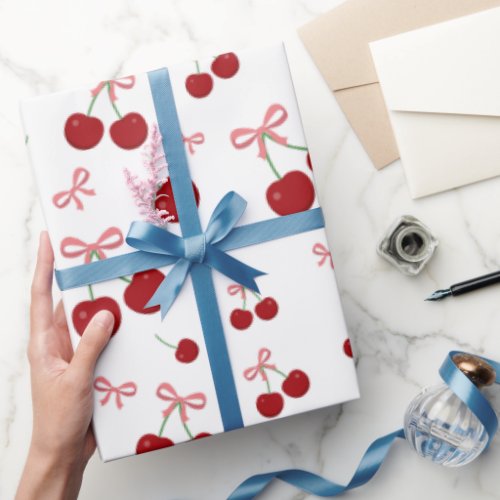 Cherry Red Ribbon Seamless Pattern Cute Fruit Desi Wrapping Paper