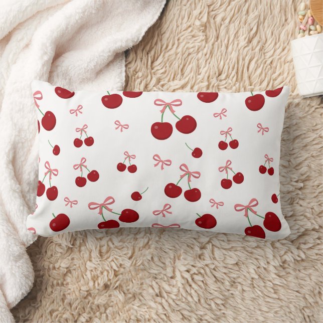 Cherry Red Ribbon Seamless Pattern Cute Fruit  Lumbar Pillow (Blanket)