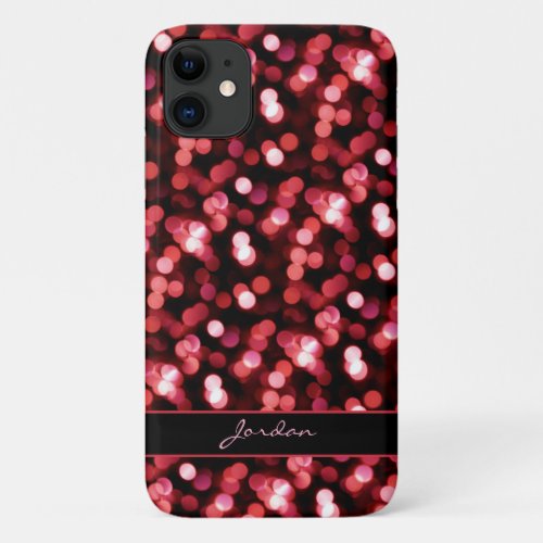 Cherry Red Sparkle Lights w Name iPhone 11 Case