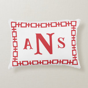 Cherry Red Square Greek Key Monogram Accent Pillow